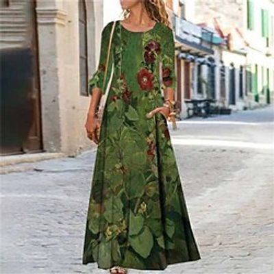 Women's Casual Dress Swing Dress Long Dress Maxi Dress Green Long Sleeve Floral Pocket Winter Fall Spring Crew Neck Fashion Daily Weekend 2023 S M L XL XXL 3XL miniinthebox