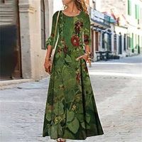 Women's Casual Dress Swing Dress Long Dress Maxi Dress Green Long Sleeve Floral Pocket Winter Fall Spring Crew Neck Fashion Daily Weekend 2023 S M L XL XXL 3XL miniinthebox - thumbnail