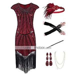 The Great Gatsby 1920s Vintage Vacation Dress Flapper Dress Outfits Masquerade Prom Dress Women's Tassel Fringe Costume Red Vintage Cosplay Party Prom / Gloves / Headwear / Necklace / Earrings miniinthebox