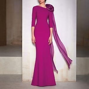 Mermaid  Trumpet Evening Gown Floral Dress Formal Floor Length 34 Length Sleeve Jewel Neck Stretch Chiffon with Shouder Flower 2023 Lightinthebox