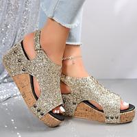 Women's Wedge Sandals Platform Sandals Bling Bling Shoes Retro Golden Silver Black Shiny Shoes Lightinthebox