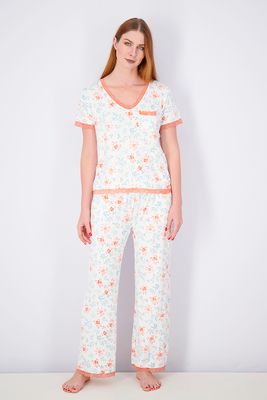 Womens Printed Top & Pajama Lace Trim 2 Set White/Orange Womens Printed Top & Pajama Lace Trim 2 Set White/Orange