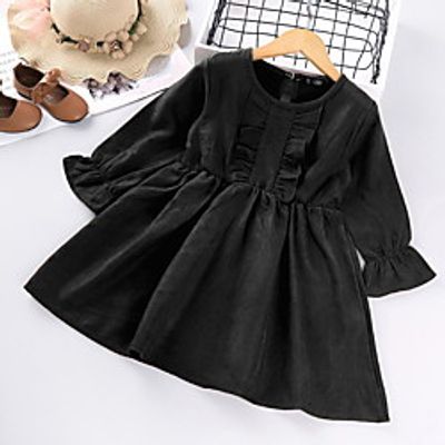 Kids Little Girls' Dress Solid Colored A Line Dress Sports  Outdoor Daily Ruched Black Knee-length Long Sleeve Cute Sweet Dresses Fall Spring Regular Fit 2-6 Years Lightinthebox