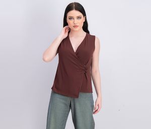 Petite Asymmetrical Wrap Top  Brown