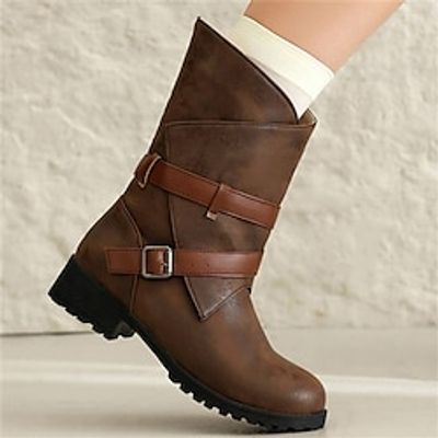 Women's Boots Comfort Shoes Home Daily Mid Calf Boots Winter Buckle Block Heel Round Toe Vintage Casual Comfort Walking PU Loafer Solid Color Black Brown Green miniinthebox