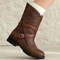 Women's Boots Comfort Shoes Home Daily Mid Calf Boots Winter Buckle Block Heel Round Toe Vintage Casual Comfort Walking PU Loafer Solid Color Black Brown Green miniinthebox - thumbnail