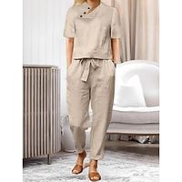 Women's Loungewear Sets 2 Pieces Pure Color Stand Collar Sleeveless Pullover Shirt and Wide Leg Pants Casual Comfort Home Street Daily Polyester Breathable Belt Included Summer Spring Army Green Red Lightinthebox - thumbnail