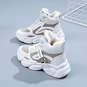 Women's Sneakers Boots Snow Boots Dad Shoes Daily Fleece Lined Booties Ankle Boots Flat Heel Round Toe Plush Casual Minimalism Running Walking PU Lace-up Color Block Black Khaki Lightinthebox