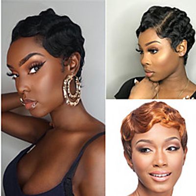Brazilian Short Pixie Cut Human Hair Capless Wigs Really Cute Finger Waves Hairstyles for Black Women Full Machine Made Wigs Lightinthebox