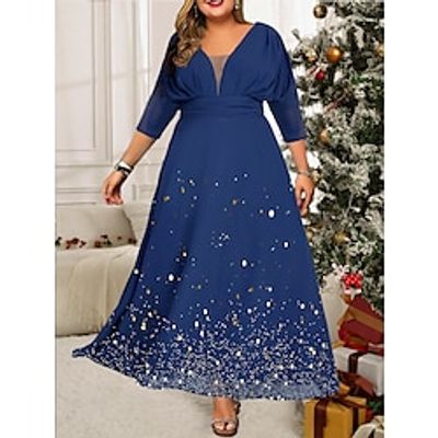 Women's Plus Size Prom Dress Party Dress Wedding Guest Dress Long Dress Maxi Dress Blue 34 Length Sleeve Pure Color Print Spring Fall Winter V Neck Fashion Wedding Guest Evening Party Fall Dress 2023 Lightinthebox