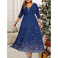 Women's Plus Size Prom Dress Party Dress Wedding Guest Dress Long Dress Maxi Dress Blue 34 Length Sleeve Pure Color Print Spring Fall Winter V Neck Fashion Wedding Guest Evening Party Fall Dress 2023 Lightinthebox - thumbnail