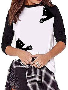Cute black cat print casual color matching T-shirt