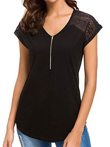 Round Neck Patchwork Zipper Lace Plain Short Sleeve T-Shirts