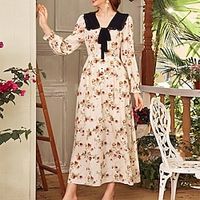 Women's A Line Dress Maxi long Dress Light Pink Long Sleeve Floral Print Fall Summer V Neck Fashion Modern 2022 S M L miniinthebox - thumbnail