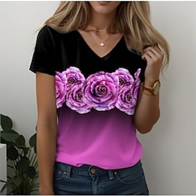 Women's T shirt Tee Floral Rose Valentine's Day Pink Blue Purple Print Long Sleeve Casual Holiday Fashion V Neck Regular Fit Spring Fall Lightinthebox Women's T shirt Tee Floral Rose Valentine's Day Pink Blue Purple Print Long Sleeve Casual Holiday Fashion V Neck Regular Fit Spring Fall Lightinthebox