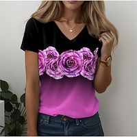 Women's T shirt Tee Floral Rose Valentine's Day Pink Blue Purple Print Long Sleeve Casual Holiday Fashion V Neck Regular Fit Spring   Fall Lightinthebox - thumbnail
