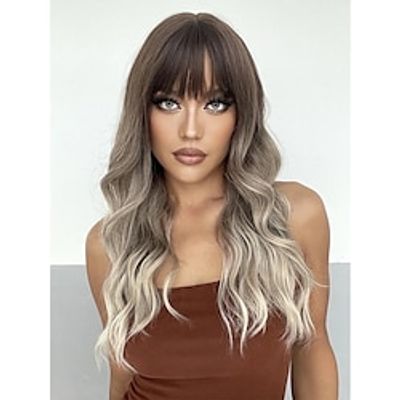 24 Inch Long Ombre Brown Blond Wigs With Bangs Curly Synthetic Wigs Women's Wigs for Party Daily Use miniinthebox