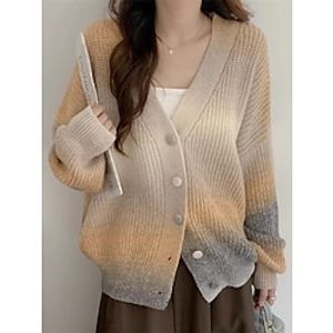 Women's Cardigan Sweater Jacket V Neck Ribbed Knit Polyester Button Knitted Print Fall Winter Regular Outdoor Daily Going out Fashion Streetwear Casual Long Sleeve Color Gradient Pink Blue Khaki miniinthebox