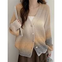 Women's Cardigan Sweater Jacket V Neck Ribbed Knit Polyester Button Knitted Print Fall Winter Regular Outdoor Daily Going out Fashion Streetwear Casual Long Sleeve Color Gradient Pink Blue Khaki miniinthebox - thumbnail