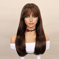 Synthetic Wig Straight kinky Straight Neat Bang Machine Made Wig 20 inch Dark Brown sepia Synthetic Hair Women's Brown Dark Brown miniinthebox - thumbnail