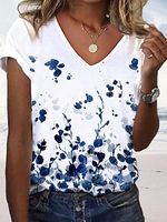 V-Neck Loose Casual Floral Print Short Sleeve T-Shirt