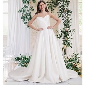 A-Line Wedding Dresses Sweetheart Neckline Sweep  Brush Train Satin Sleeveless Simple with Pleats 2022 Lightinthebox