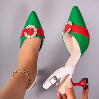 Women's Heels Pumps Strappy Heels Plus Size Party Daily Club Rhinestone Stiletto Heel Pointed Toe Elegant Vacation Vintage Faux Leather Buckle T-Strap Floral Red Green Lightinthebox