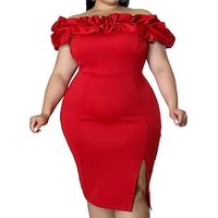 Women's Plus Size Party Dress Bodycon Sheath Dress Solid Color Midi Dress Short Sleeve Split Off Shoulder Fashion Party Black Red Summer Spring XL XXL 3XL 4XL 5XL Lightinthebox - thumbnail