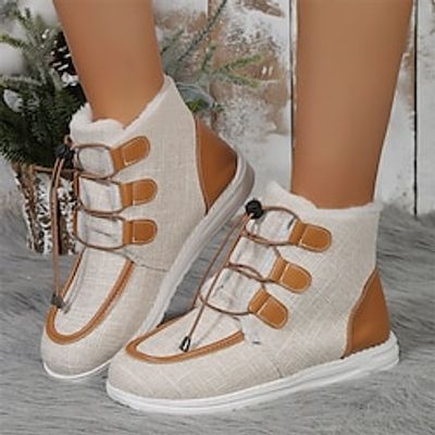 Women's Boots Snow Boots Plus Size Daily Fleece Lined Booties Ankle Boots Flat Heel Round Toe Plush Casual Comfort Canvas Lace-up Solid Color Beige Gray Lightinthebox