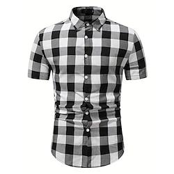 Men's Shirt Dress Shirt Button Up Shirt White Short Sleeve Plaid Lapel Summer Wedding Party Clothing Apparel Lightinthebox