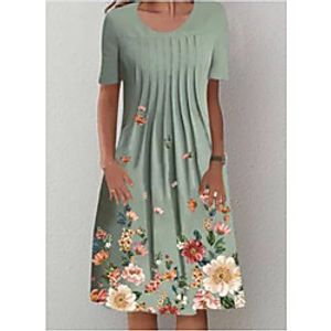 Women's T Shirt Dress Tee Dress Knee Length Dress Green Short Sleeve Flower Ruched Spring Summer U Neck Casual 2021 S M L XL XXL miniinthebox