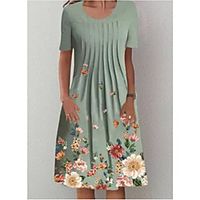 Women's T Shirt Dress Tee Dress Knee Length Dress Green Short Sleeve Flower Ruched Spring Summer U Neck Casual 2021 S M L XL XXL miniinthebox - thumbnail