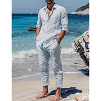 Men's Linen Shirt 2 Piece Shirt Set Button Up Shirt Summer Shirt Beach Shirt Blue Long Sleeve Plain Collar Spring Summer Casual Daily Clothing Apparel Lightinthebox