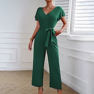 Women's Romper Pear Cut Maillard V Neck Ordinary Business Slim Short Sleeve Petal Sleeve Black Army Green Red S M L Summer Lightinthebox