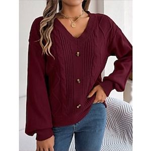 Women's Pullover Sweater Jumper V Neck Cable Knit Acrylic Button Fall Winter Regular Outdoor Daily Going out Stylish Casual Soft Long Sleeve Solid Color Wine Red White Army Green S M L Lightinthebox