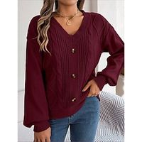 Women's Pullover Sweater Jumper V Neck Cable Knit Acrylic Button Fall Winter Regular Outdoor Daily Going out Stylish Casual Soft Long Sleeve Solid Color Wine Red White Army Green S M L Lightinthebox - thumbnail