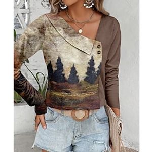 Women's Shirt Blouse Graphic Brown Print Button Long Sleeve Casual Fashion V Neck Regular Fit Spring   Fall Lightinthebox