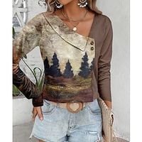 Women's Shirt Blouse Graphic Brown Print Button Long Sleeve Casual Fashion V Neck Regular Fit Spring   Fall Lightinthebox - thumbnail