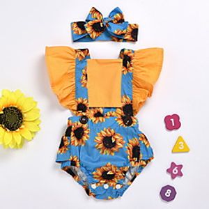 Baby Girls' Basic Sun Flower Floral Print Short Sleeves Romper Navy Blue Light Blue miniinthebox
