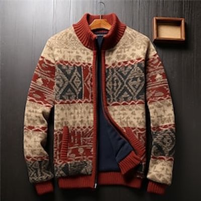 Tribal Bandana Print Retro Vintage Tribal Men's Zipper Knitting Print Cardigan Sweater Knitwear Cowichan cardigan sweater Outdoor Daily Vacation Long Sleeve Stand Collar Sweaters Wine Beige Fall Lightinthebox