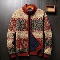 Tribal Bandana Print Retro Vintage Tribal Men's Zipper Knitting Print Cardigan Sweater Knitwear Cowichan cardigan sweater Outdoor Daily Vacation Long Sleeve Stand Collar Sweaters Wine Beige Fall Lightinthebox - thumbnail