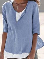 Round Neck Casual Loose Solid Color Long Sleeve Blouse