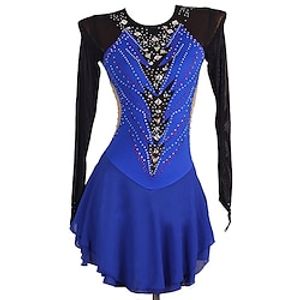 Figure Skating Dress Women's Girls' Ice Skating Dress Royal Blue Patchwork Open Back Mesh Spandex High Elasticity Training Competition Skating Wear Classic Long Sleeve Ice Skating Figure Skating Lightinthebox