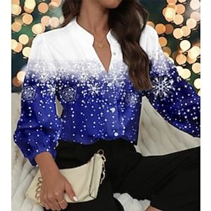 Christmas Shirt Women's Blouse Snowflake Red Blue Purple Button Print Long Sleeve Christmas Casual Festival  Holiday Standing Collar Regular Fit Spring   Fall Lightinthebox