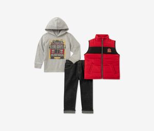 Baby Boys 3-Pc. Firetruck Vest  Hooded Top & Jeans Set  Black/Grey/Red