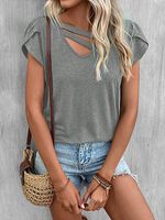 Solid V Neck Short Sleeves Casual T-shirt