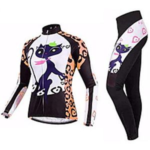 21Grams Cat Animal Women's Long Sleeve Cycling Jersey with Tights - Black / Orange Bike Clothing Suit Thermal Warm Anatomic Design Ultraviolet Resistant Sports Winter Summer Fleece Terylene Polyester miniinthebox