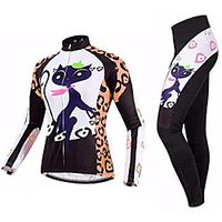 21Grams Cat Animal Women's Long Sleeve Cycling Jersey with Tights - Black / Orange Bike Clothing Suit Thermal Warm Anatomic Design Ultraviolet Resistant Sports Winter Summer Fleece Terylene Polyester miniinthebox - thumbnail