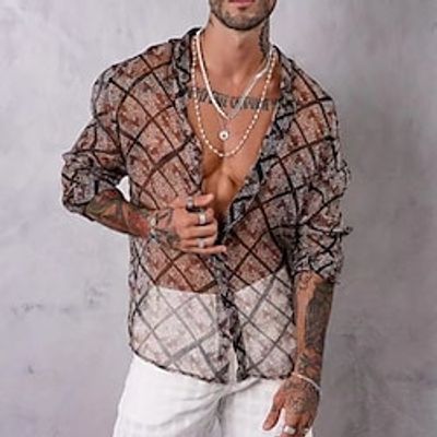Men's Shirt Hot Stamping Graphic Argyle Turndown Street Casual Button-Down Print Long Sleeve Tops Casual Fashion Breathable Comfortable Black Lightinthebox