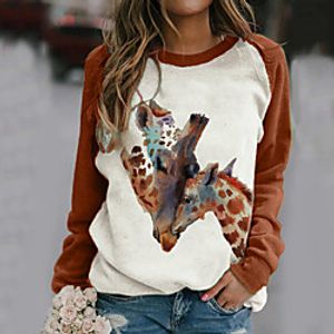 Women's Painting T shirt Color Block Giraffe Animal Long Sleeve Patchwork Print Round Neck Basic Tops Khaki Green Red Lightinthebox
